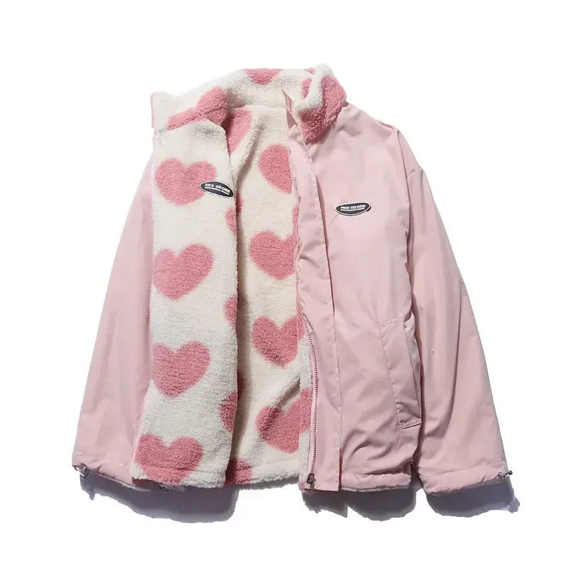 Heart Print Fleece Zip-Up Cozy Jacket