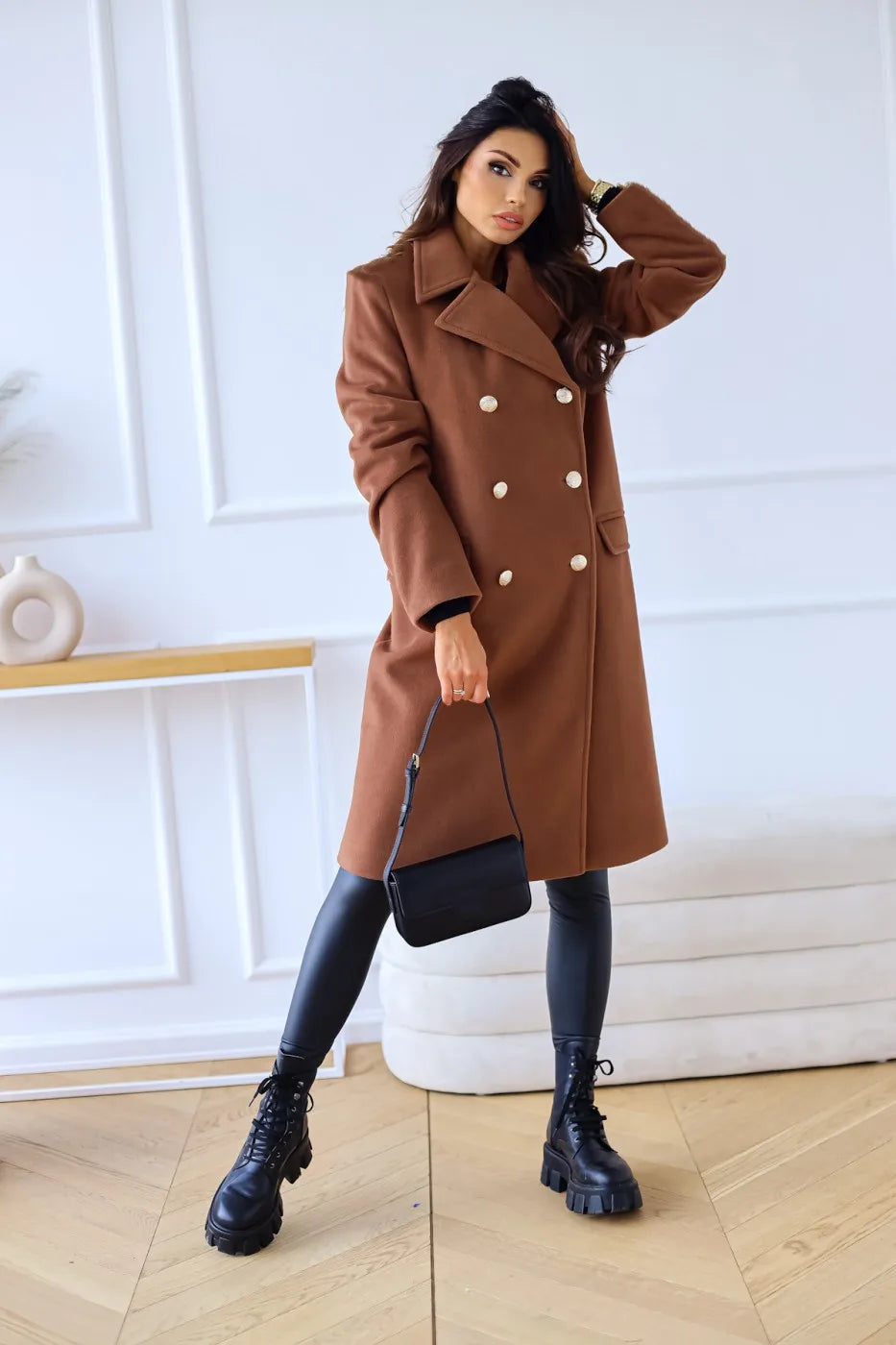 Women’s Elegant Double-Breasted Wool Blend Long Coat