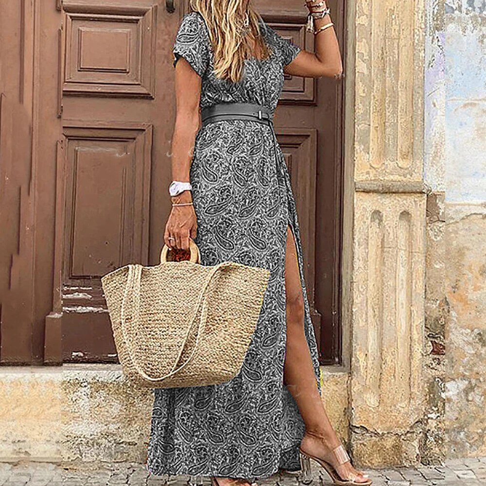 Boho Floral Maxi Dress with Belt for Effortless Summer Style