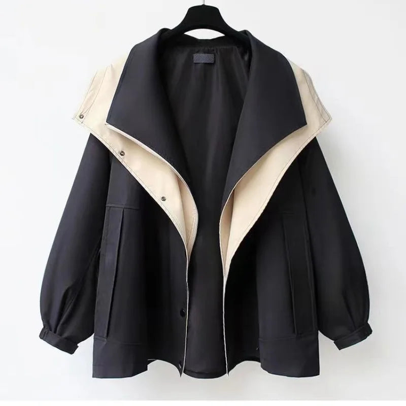 Two-Tone Hooded Cinch Waist Utility Jacket