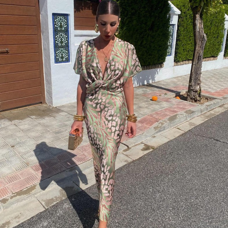 Floral Satin Wrap-Style Short Sleeve Midi Dress