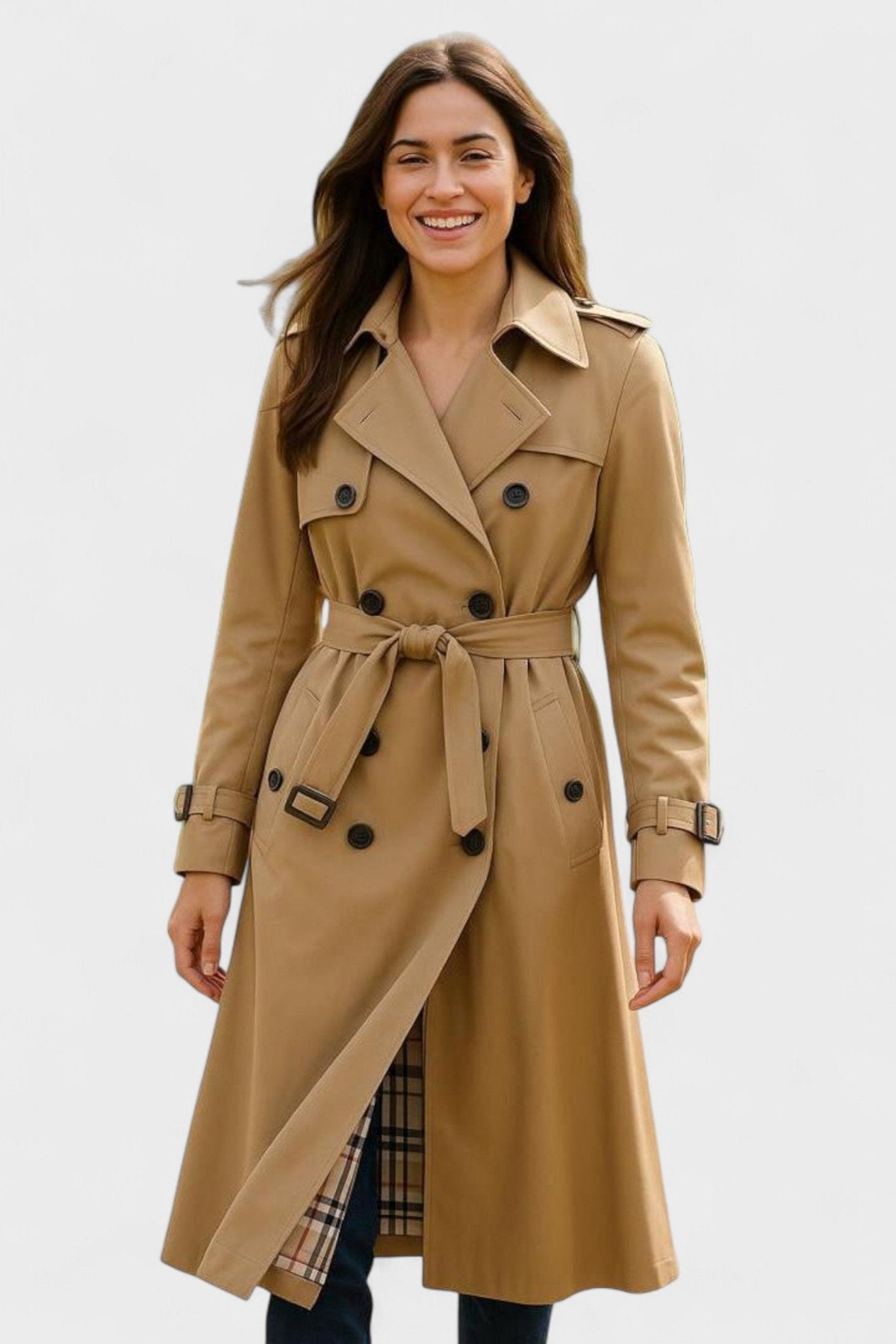 Classic Double Breasted Trench Coat with Belted Waist