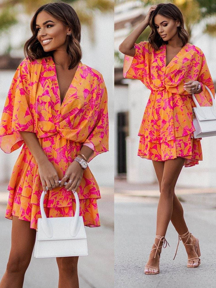 Floral Print V Neck Mini Dress with Long Sleeves for Chic Style