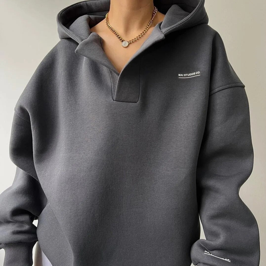 Oversized V-Neck Hooded Pullover Hoodie