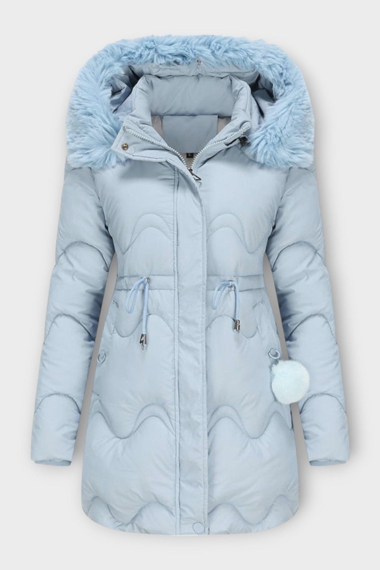 Longline Puffer Coat with Faux Fur Hood and Drawstring Waist
