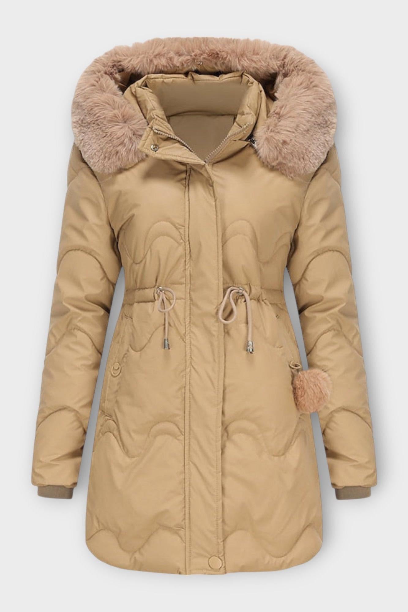 Longline Puffer Coat with Faux Fur Hood and Drawstring Waist