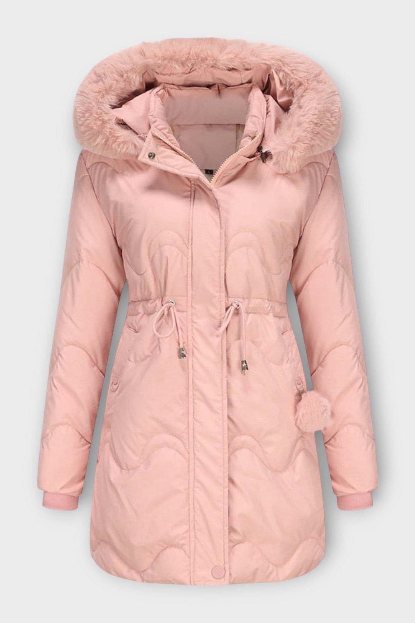 Longline Puffer Coat with Faux Fur Hood and Drawstring Waist
