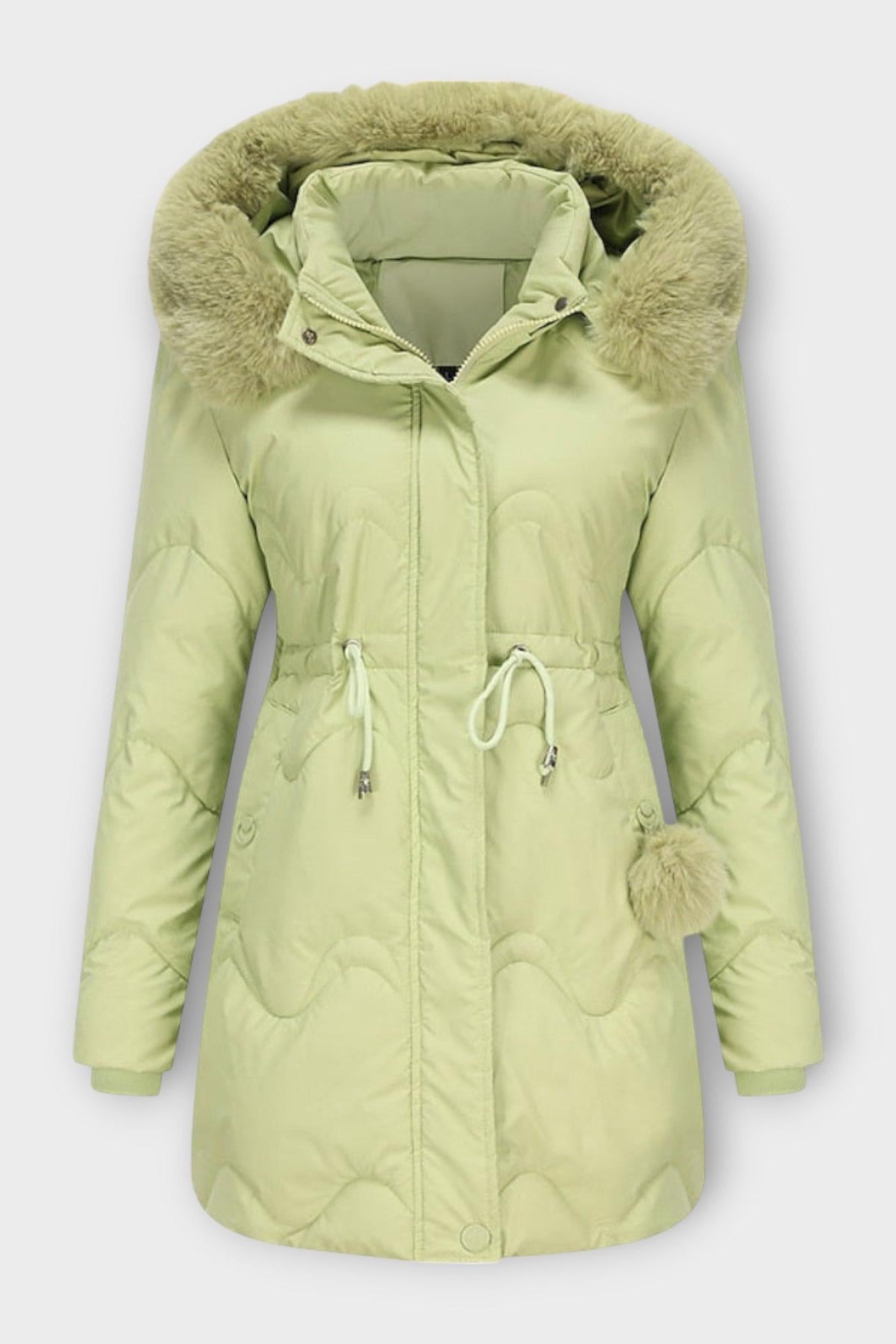 Longline Puffer Coat with Faux Fur Hood and Drawstring Waist