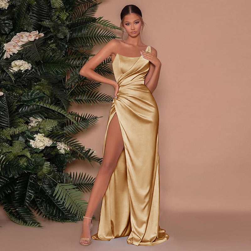 Satin One Shoulder High Slit Maxi Dress for Formal Occasions