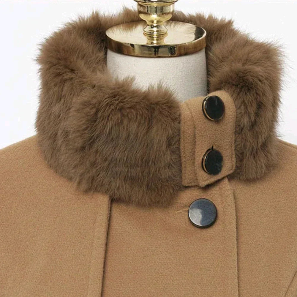 Women’s Elegant Double-Breasted Flared Coat with Faux Fur Collar