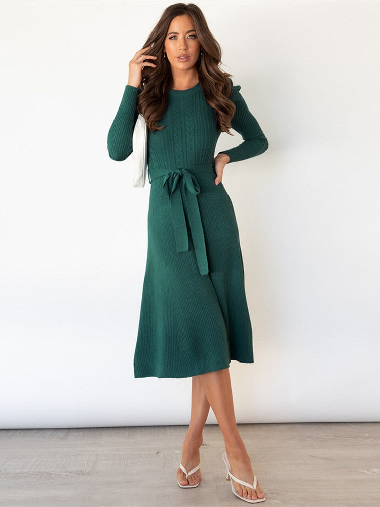 Long Sleeve Belted A Line Midi Dress for Timeless Elegance