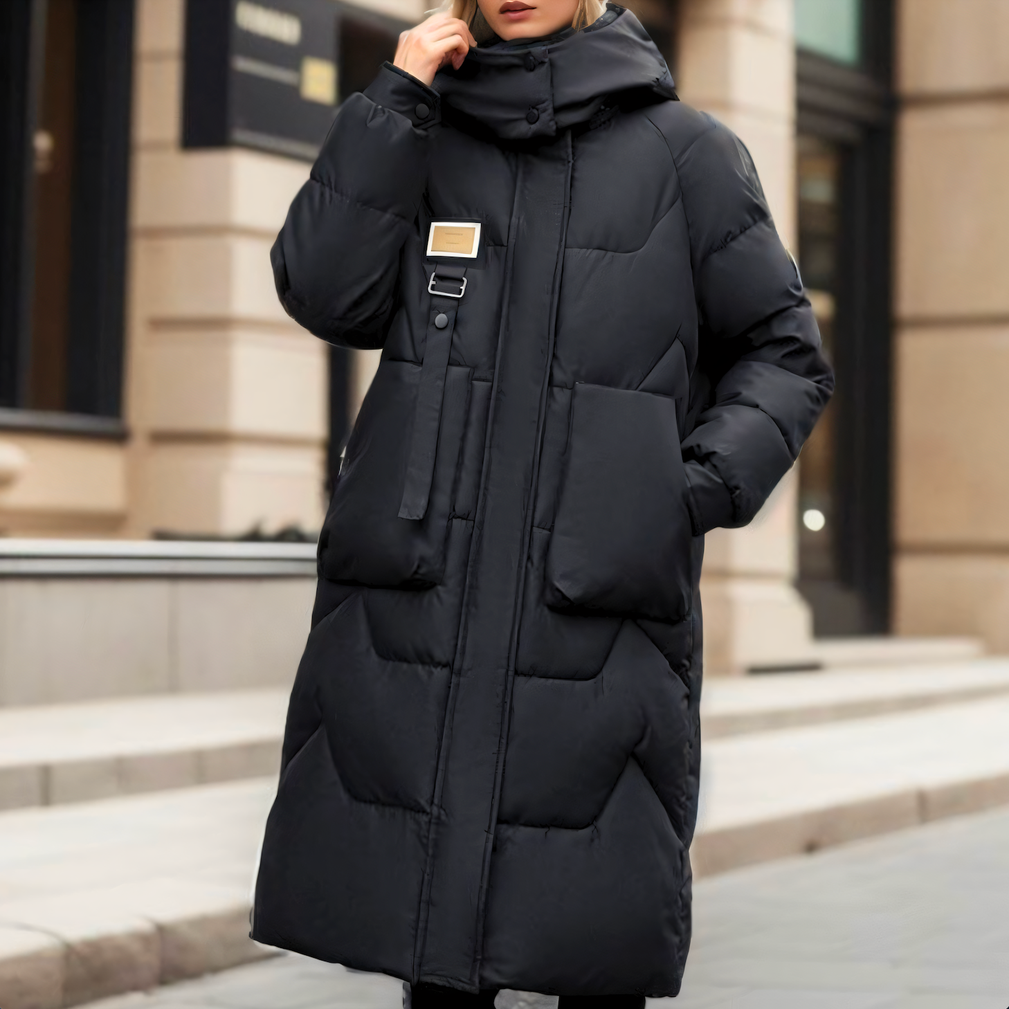Women’s Long Hooded Puffer Coat with Oversized Pockets