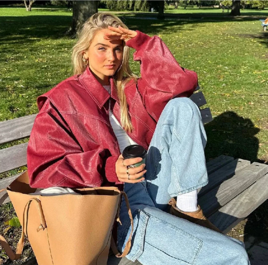 Oversized Faux Leather Bomber Jacket for Street Style Edge
