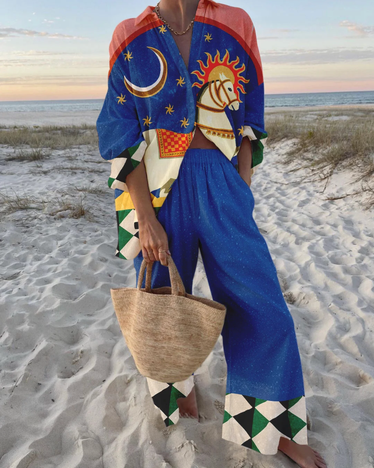 Tropical Printed Loose Beach Shirt and Wide-Leg Pants Set