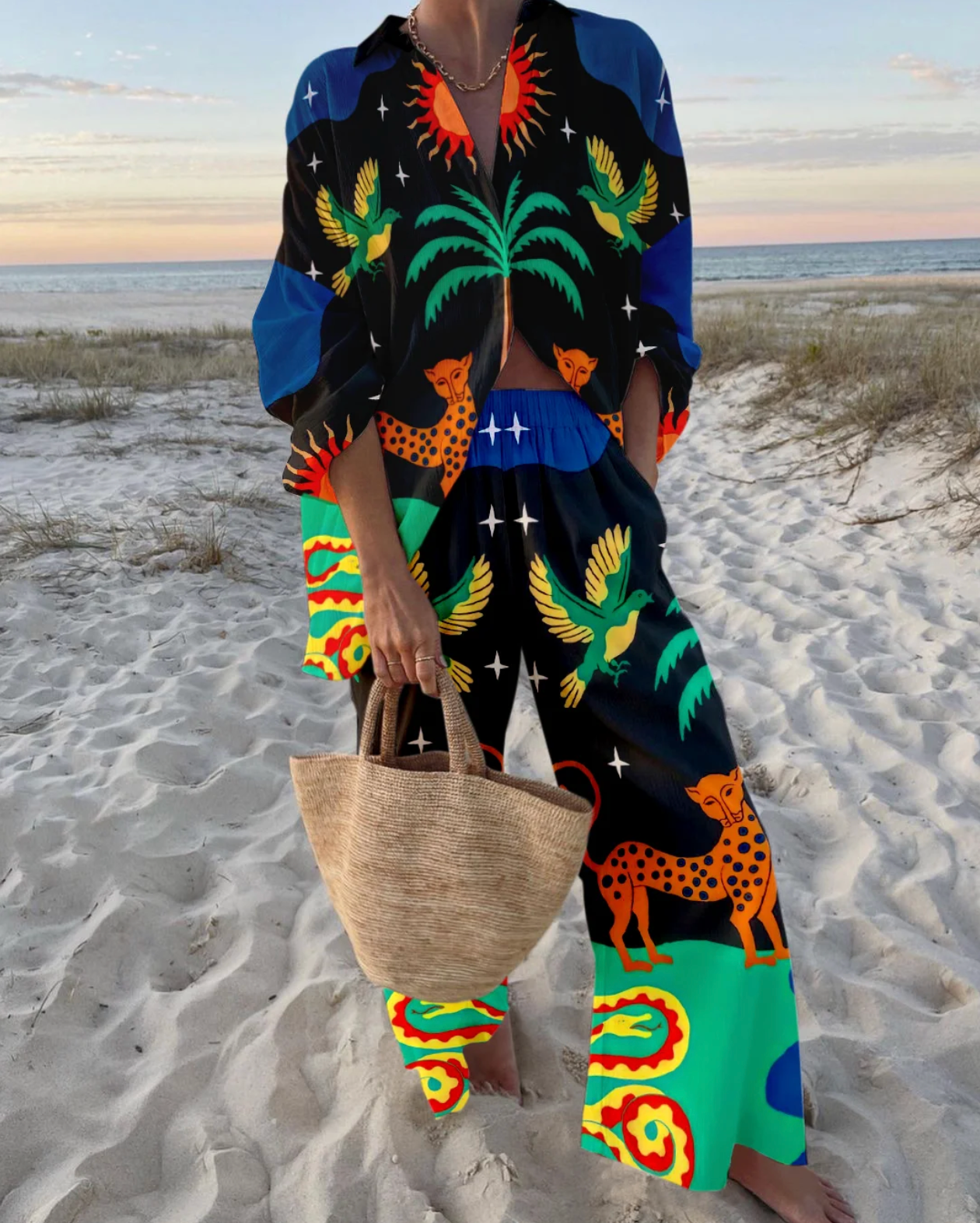 Tropical Printed Loose Beach Shirt and Wide-Leg Pants Set