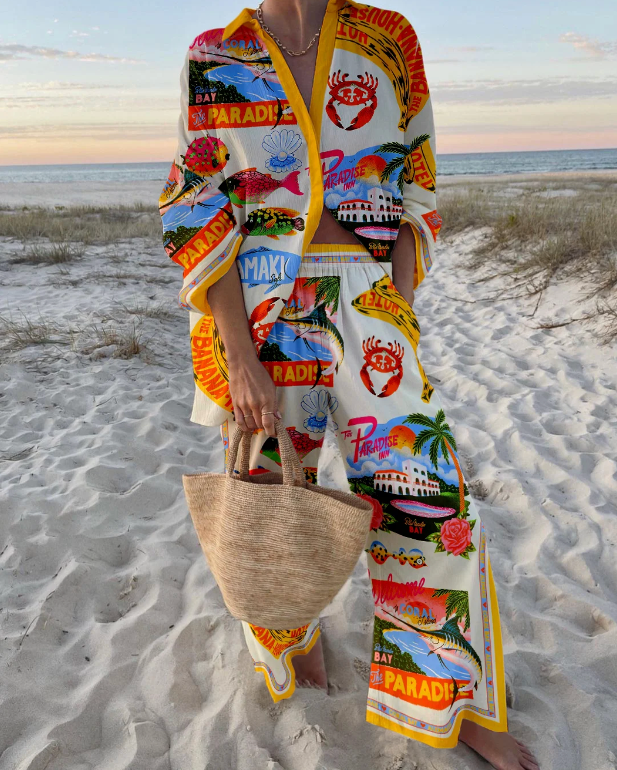 Tropical Printed Loose Beach Shirt and Wide-Leg Pants Set