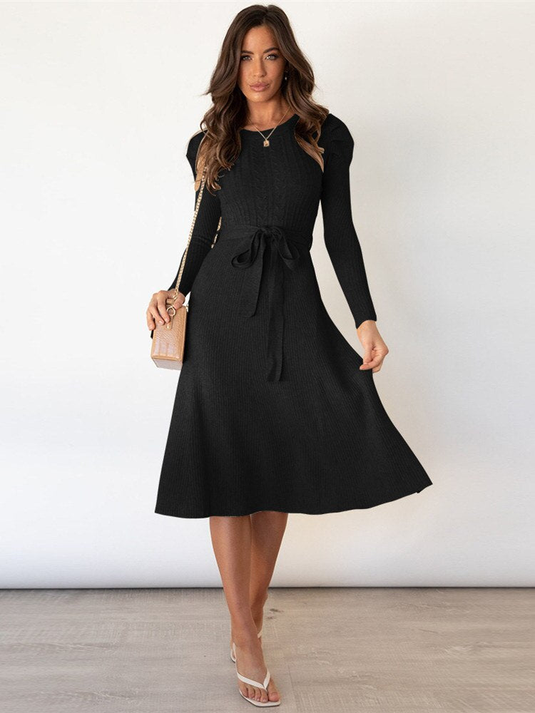 Long Sleeve Belted A Line Midi Dress for Timeless Elegance