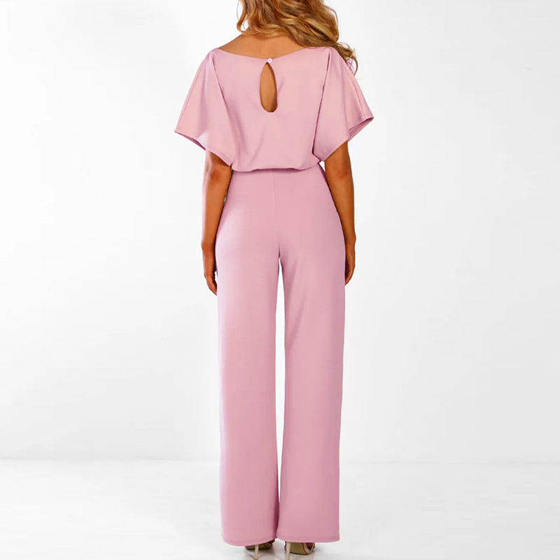 Short-Sleeve Belted Wide-Leg Elegant Women’s Jumpsuit