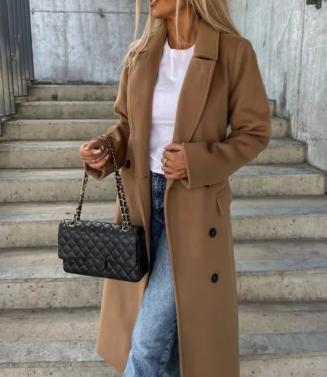 Women’s Long Tailored Button-Up Wool-Style Coat