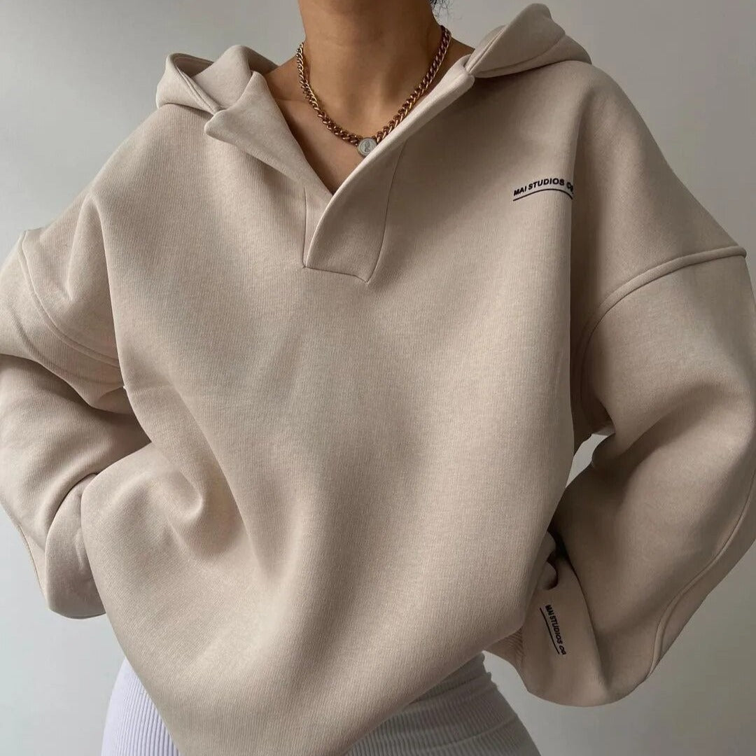 Oversized V-Neck Hooded Pullover Hoodie