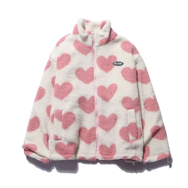 Heart Print Zip-Up Fleece Jacket