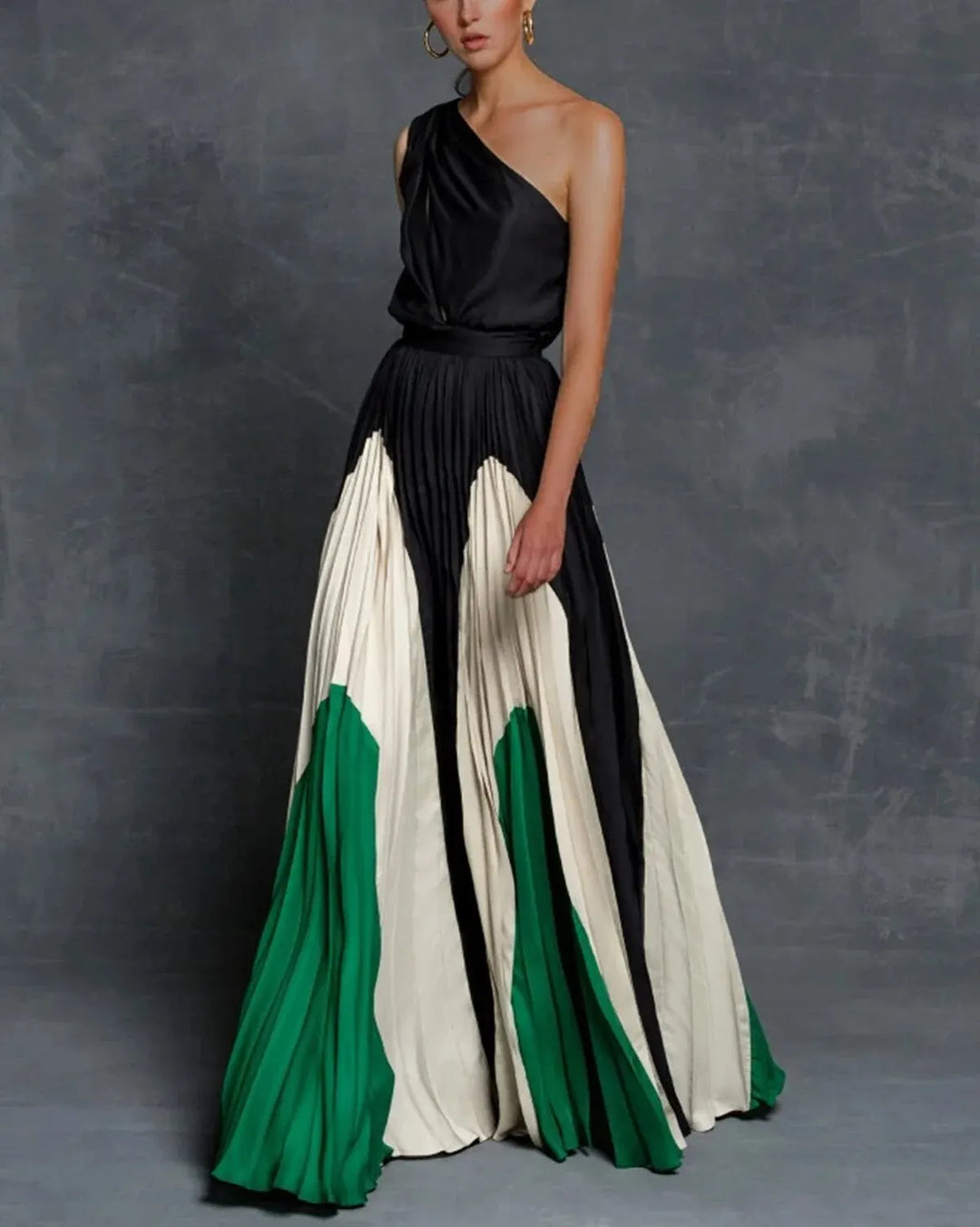 Elegant One-Shoulder Colorblock Pleated Evening Gown