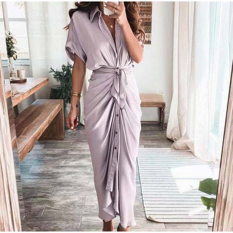 Elegant Draped Satin Maxi Dress with Waist Tie