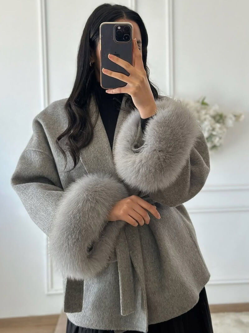 Women’s Faux Fur Trim Belted Wool Coat