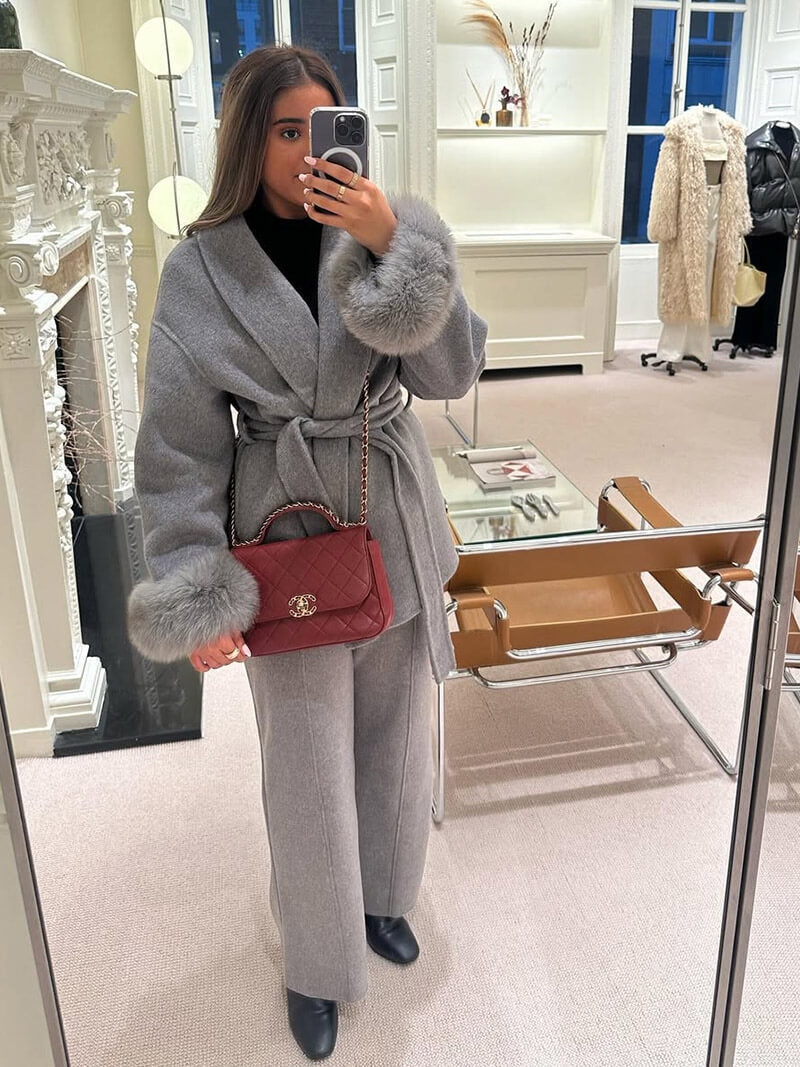 Women’s Faux Fur Trim Belted Wool Coat