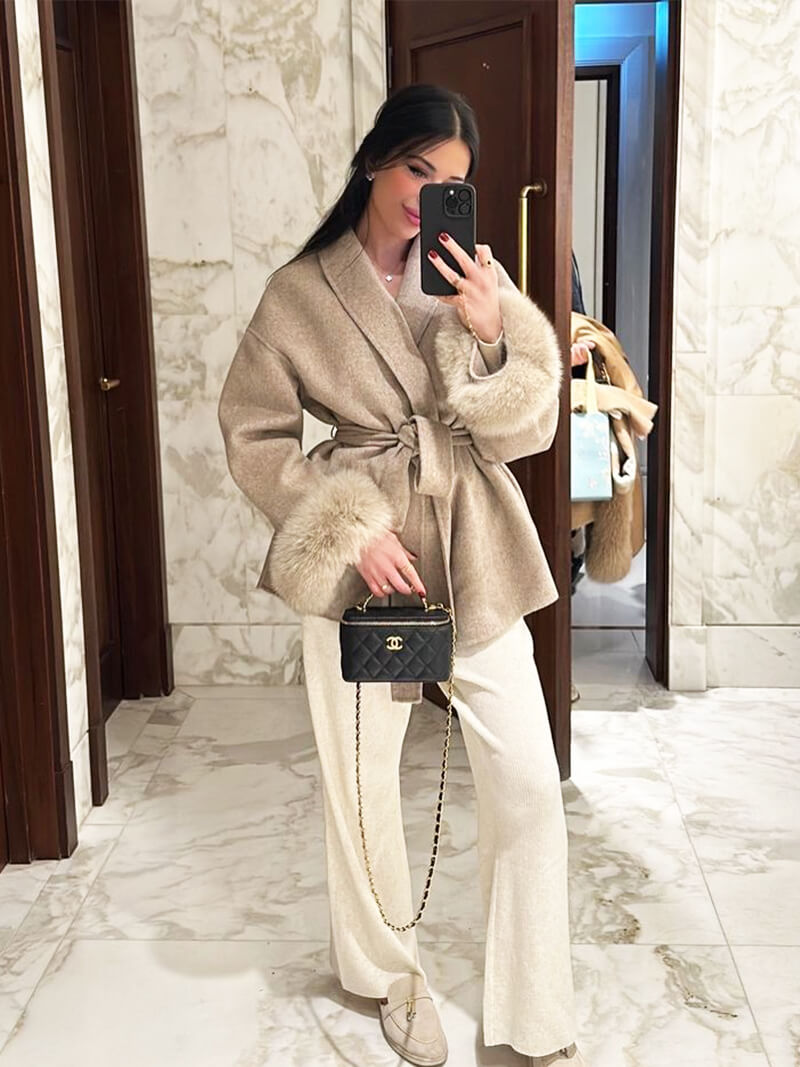 Women’s Faux Fur Trim Belted Wool Coat