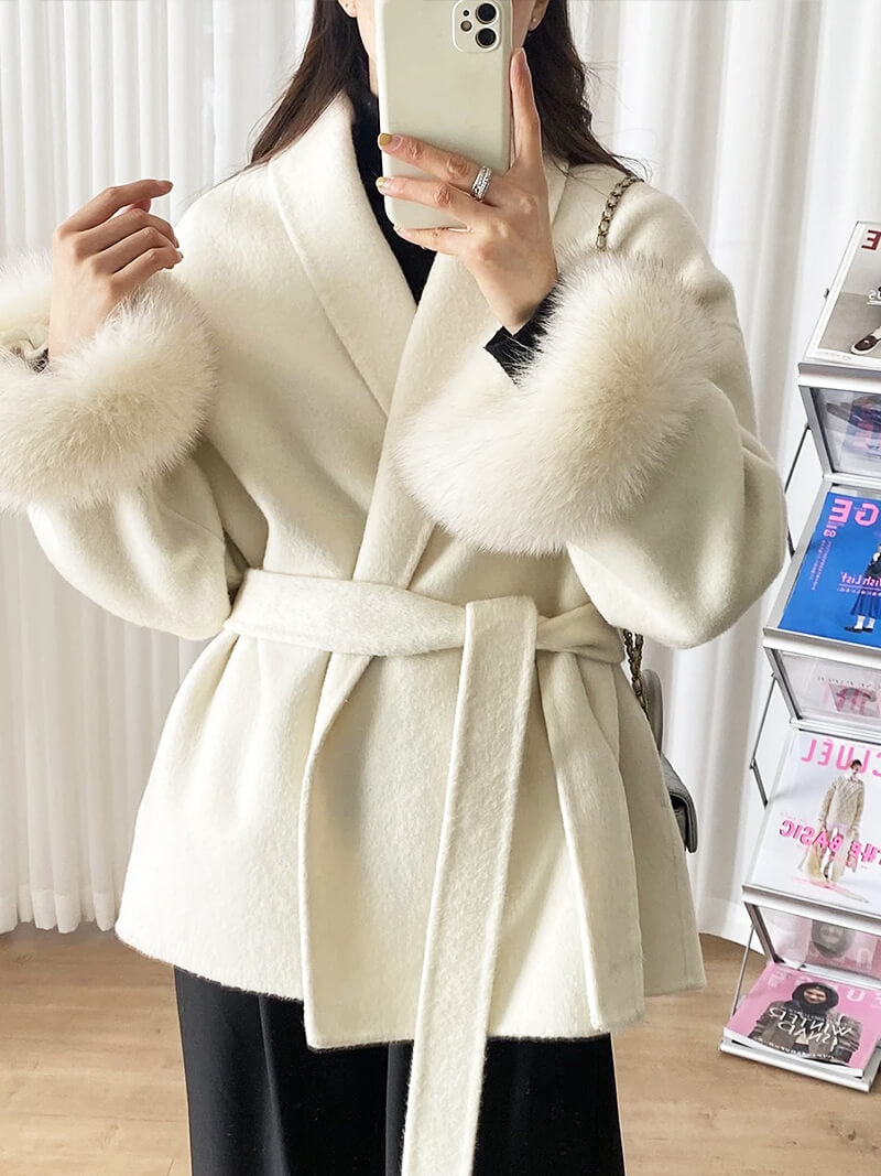 Women’s Faux Fur Trim Belted Wool Coat