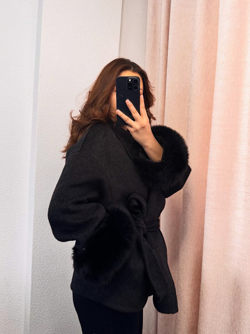 Women’s Faux Fur Trim Belted Wool Coat