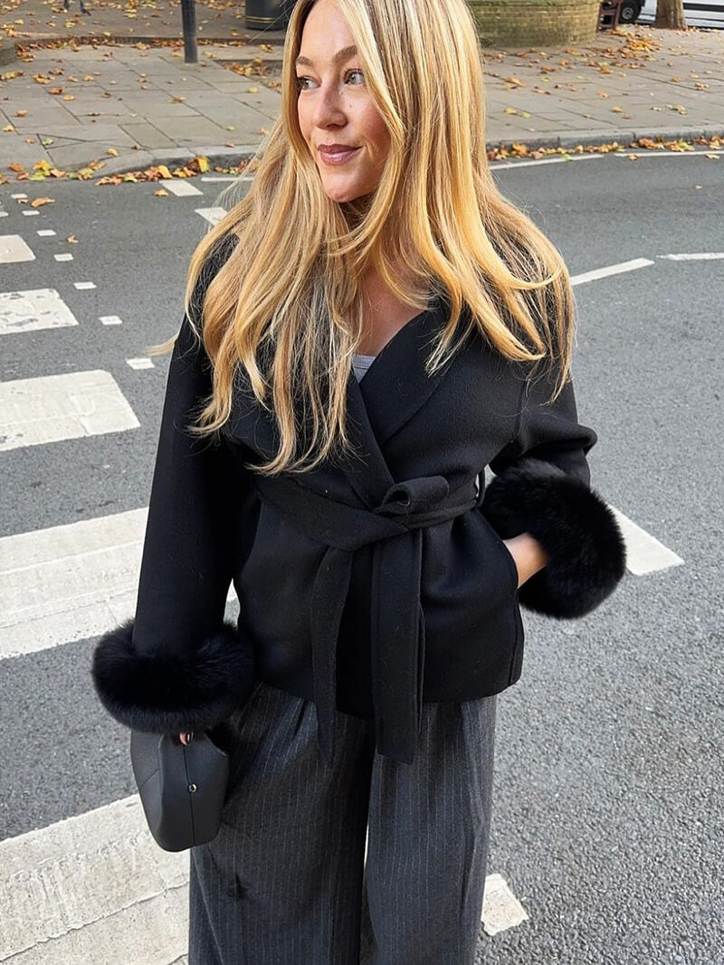 Women’s Faux Fur Trim Belted Wool Coat