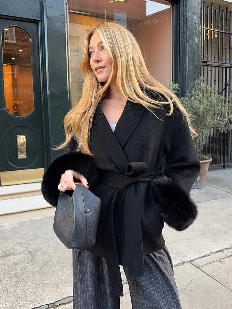 Women’s Faux Fur Trim Belted Wool Coat