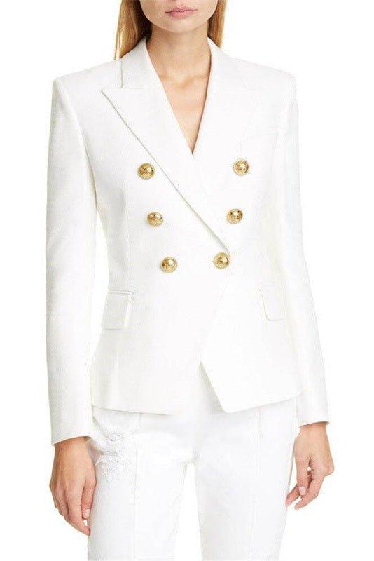 Double Breasted Tailored Blazer with Structured Fit and Gold Button Detail