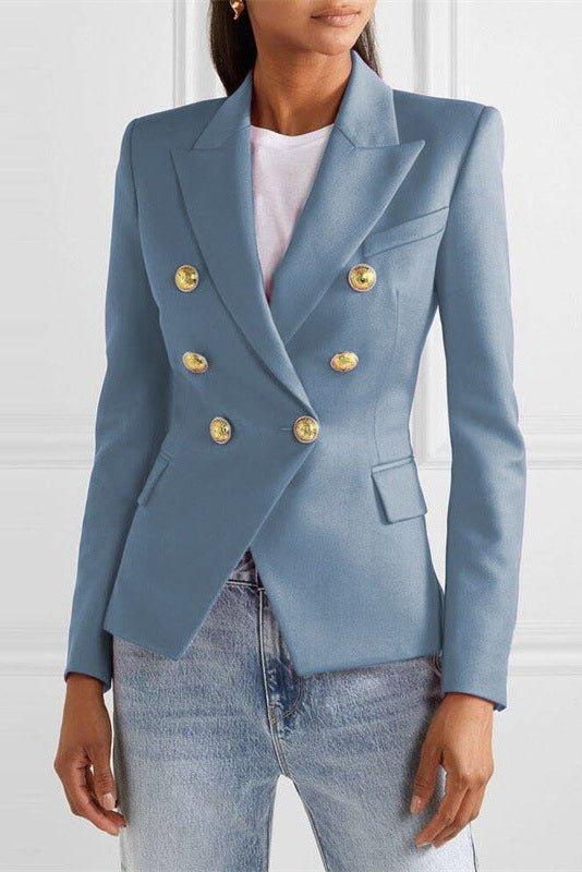 Double Breasted Tailored Blazer with Structured Fit and Gold Button Detail