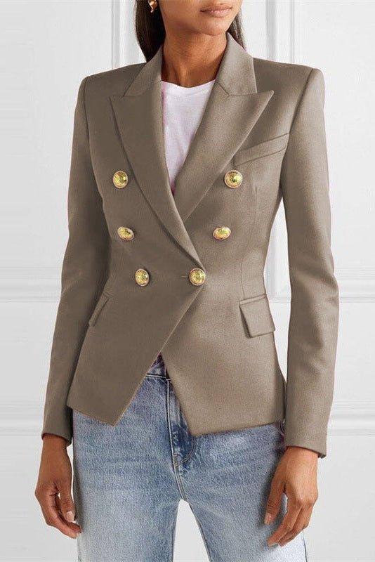 Double Breasted Tailored Blazer with Structured Fit and Gold Button Detail