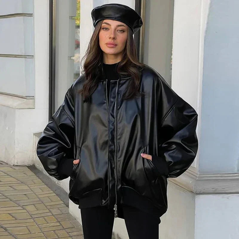 Oversized Faux Leather Bomber Jacket for Women