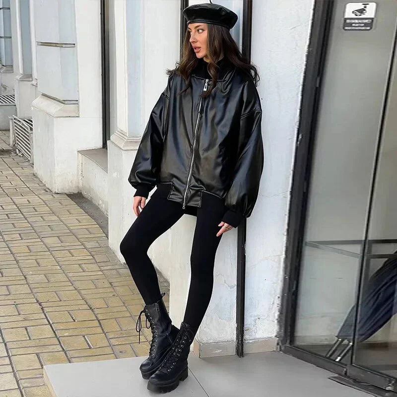 Oversized Faux Leather Bomber Jacket for Women