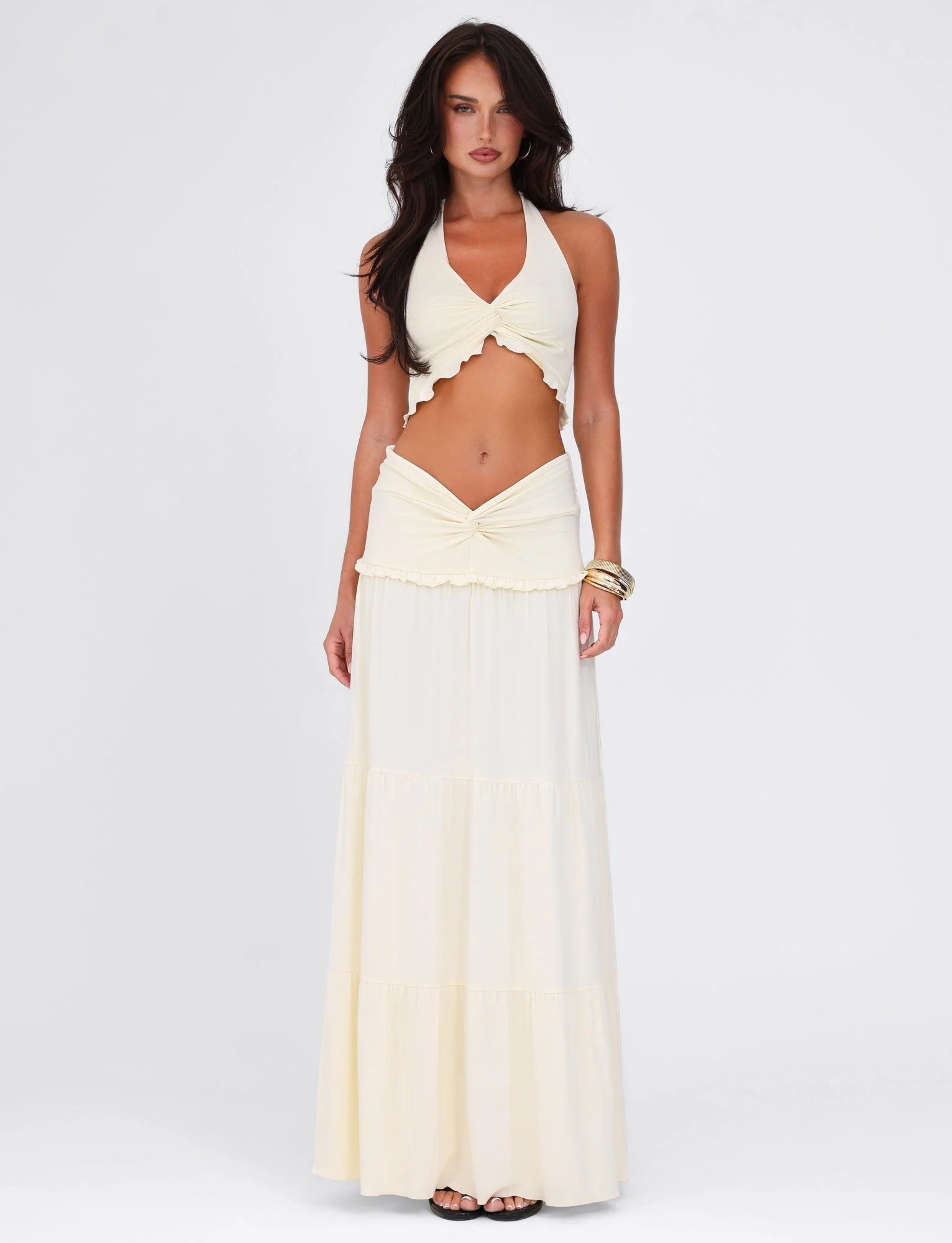 Halter Twist Crop Top and Pleated Maxi Skirt Set