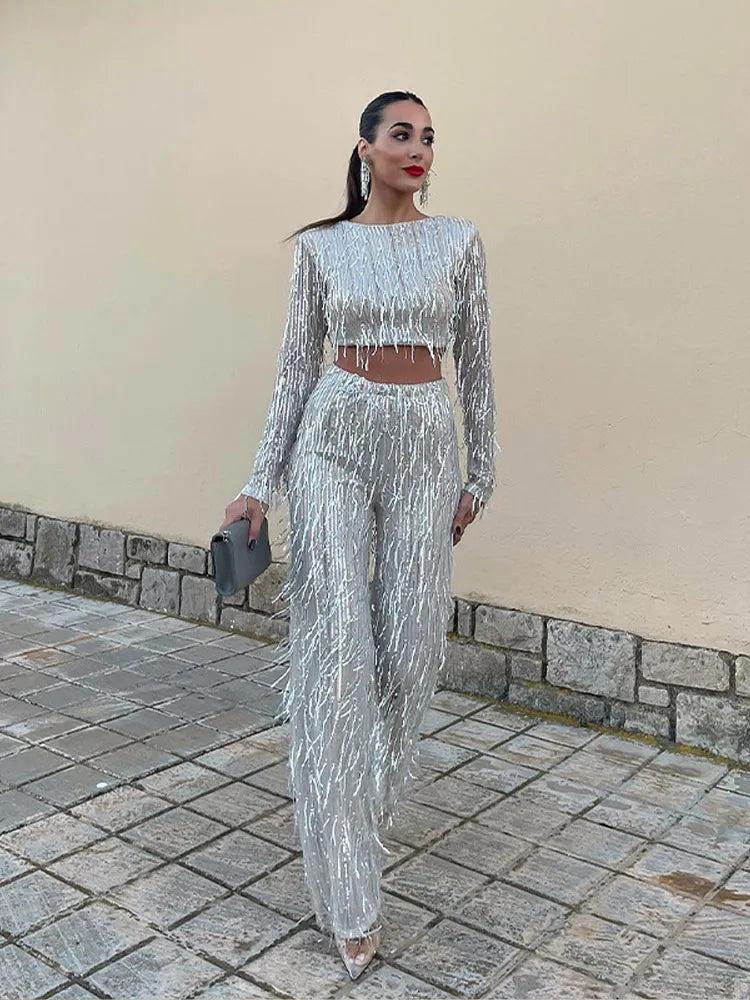 Sequin Crop Top and Pants Two Piece Set