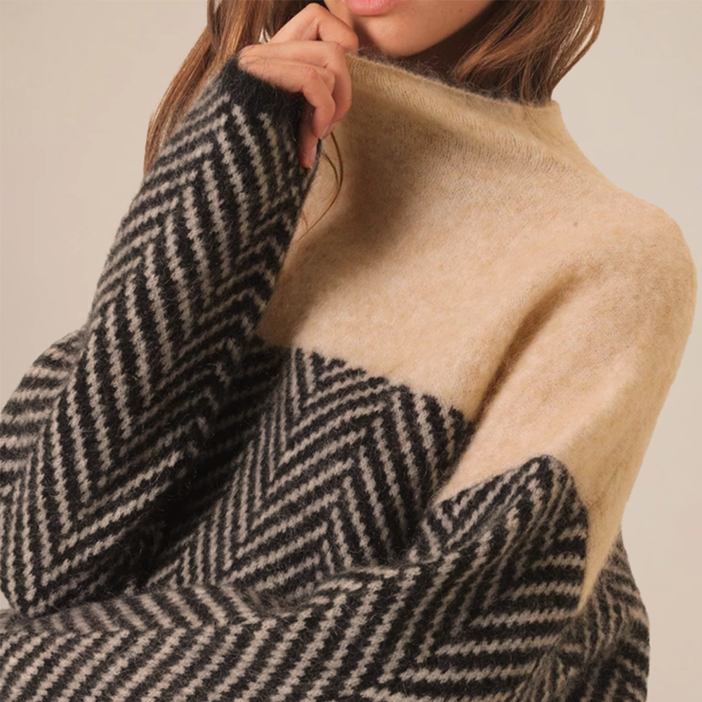 Cozy Two-Tone Chevron Knit Sweater with High Neck