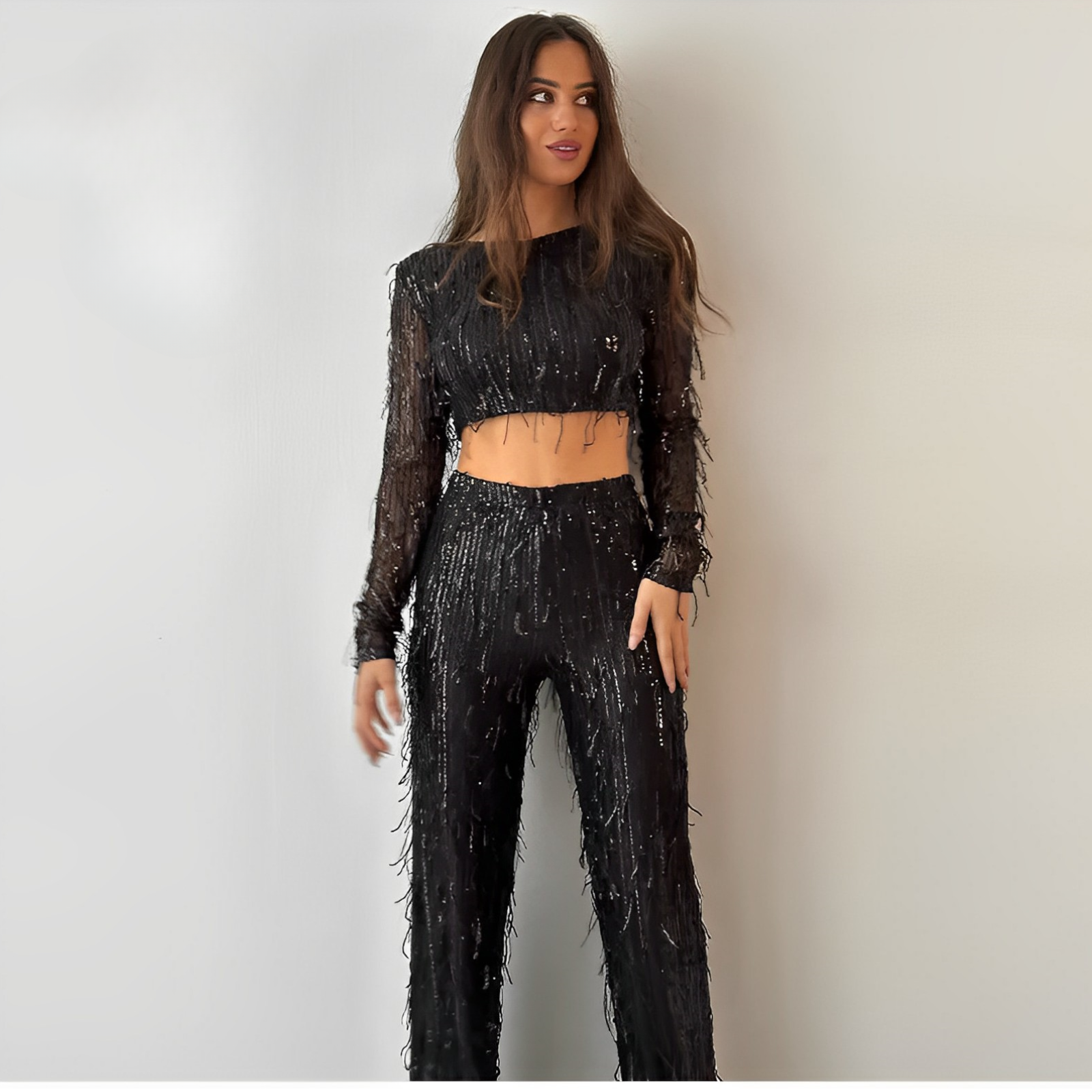 Sequin Fringe Two-Piece Evening Set
