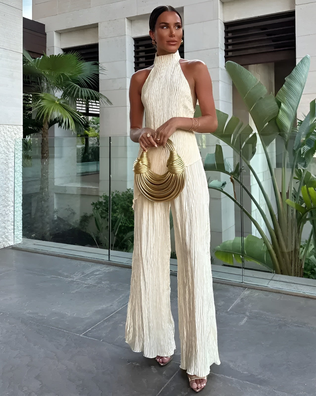 One-Shoulder Pleated Wide-Leg Jumpsuit