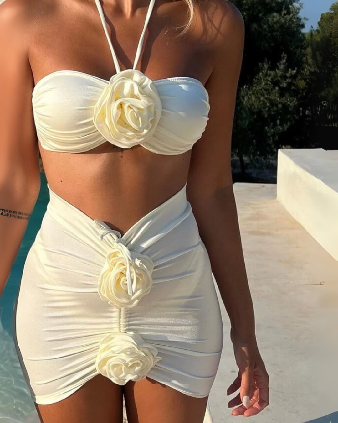 Floral Bandeau Bikini and Sheer Ruched Skirt Set