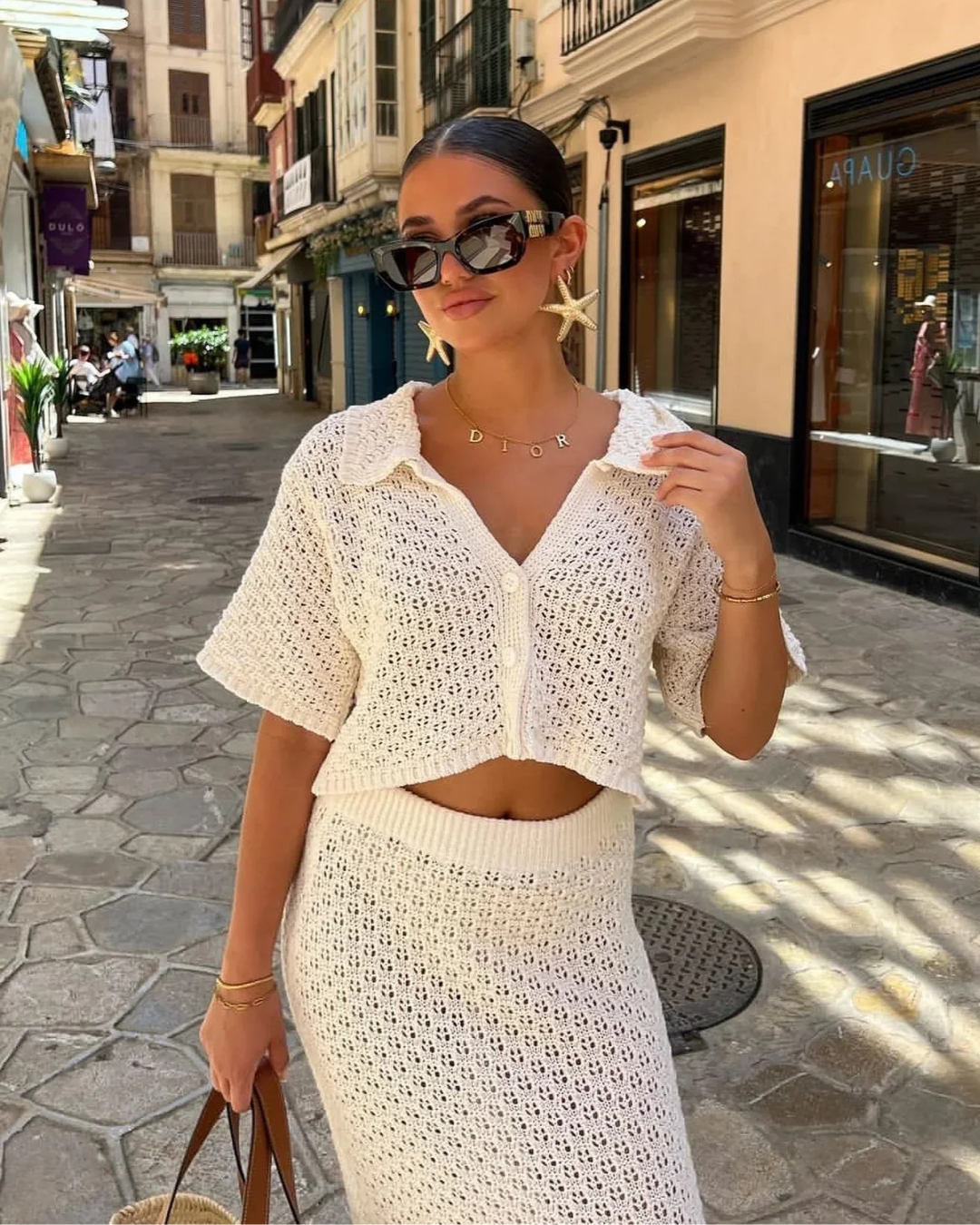 Crochet Button-Up Top and Maxi Skirt Two-Piece Set