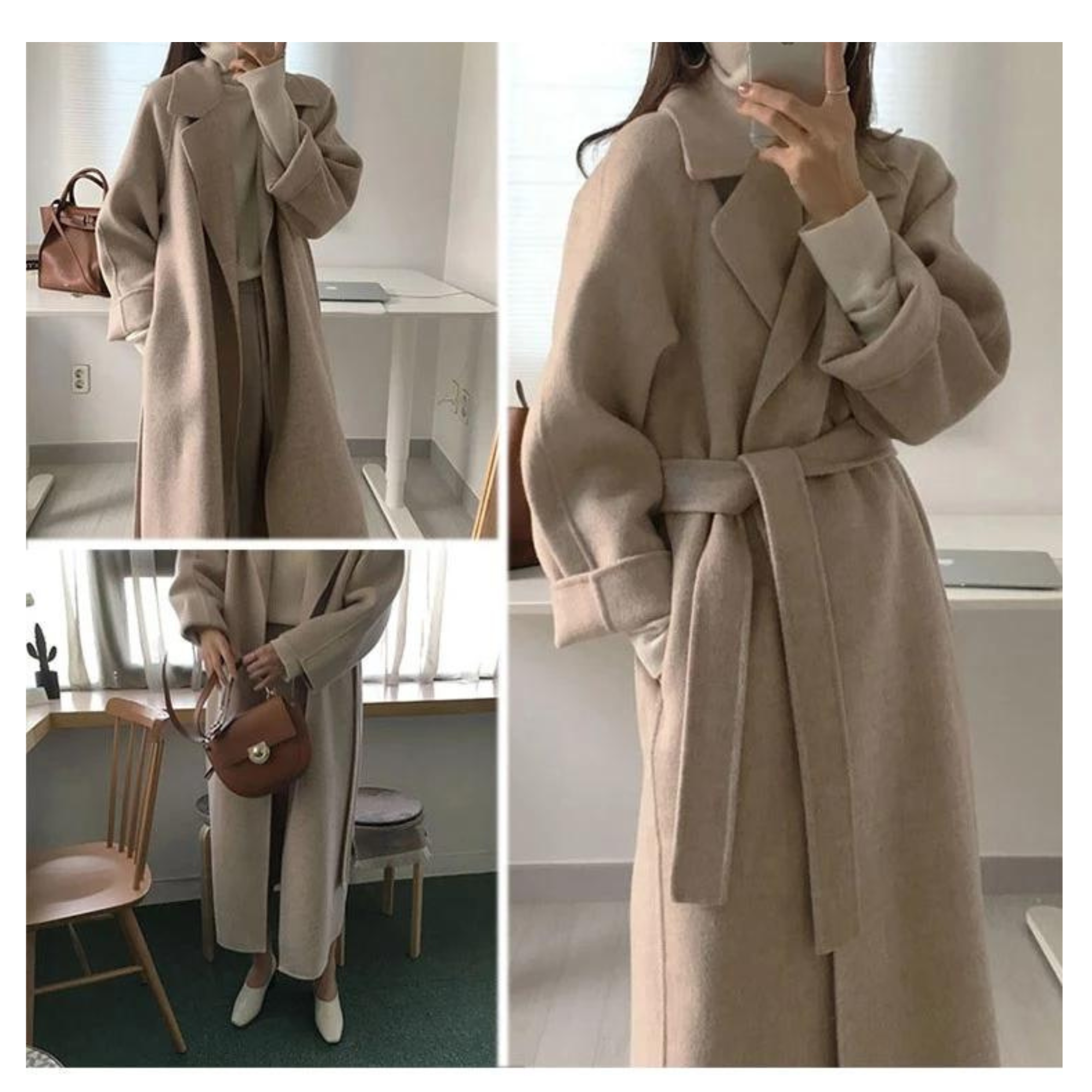Women’s Long Belted Wool-Style Wrap Coat