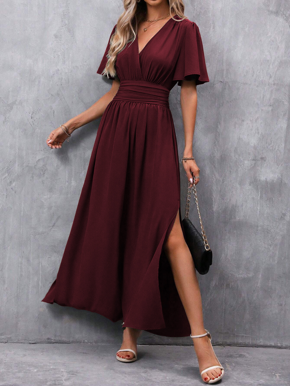 Elegant V-Neck Short Sleeve Slit Maxi Dress