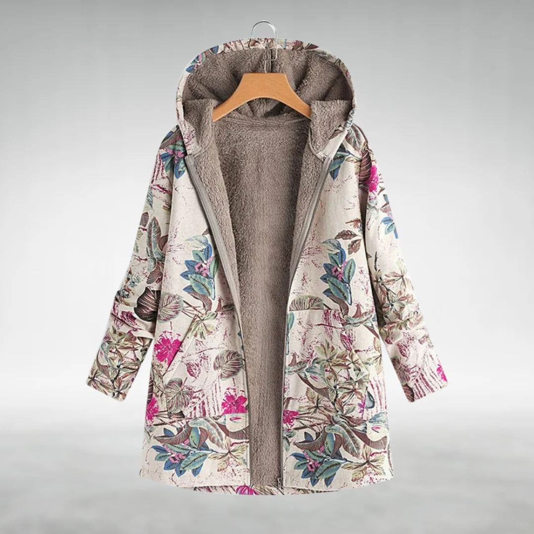 Floral Print Fleece-Lined Hooded Jacket