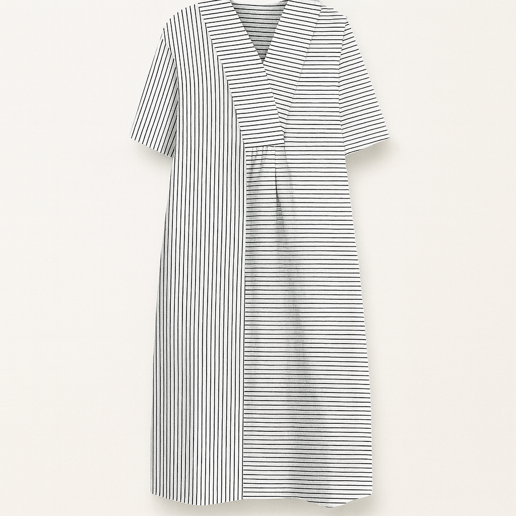 Boho Loose-Fit V-Neck Midi Dress with Patchwork & Print Designs